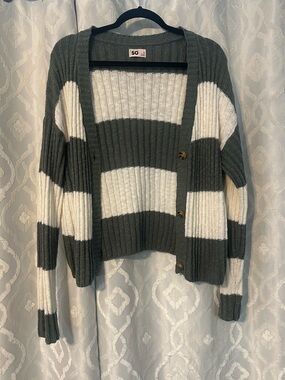 SO Ribbed Cropped Striped Cardigan - Olive & Cream